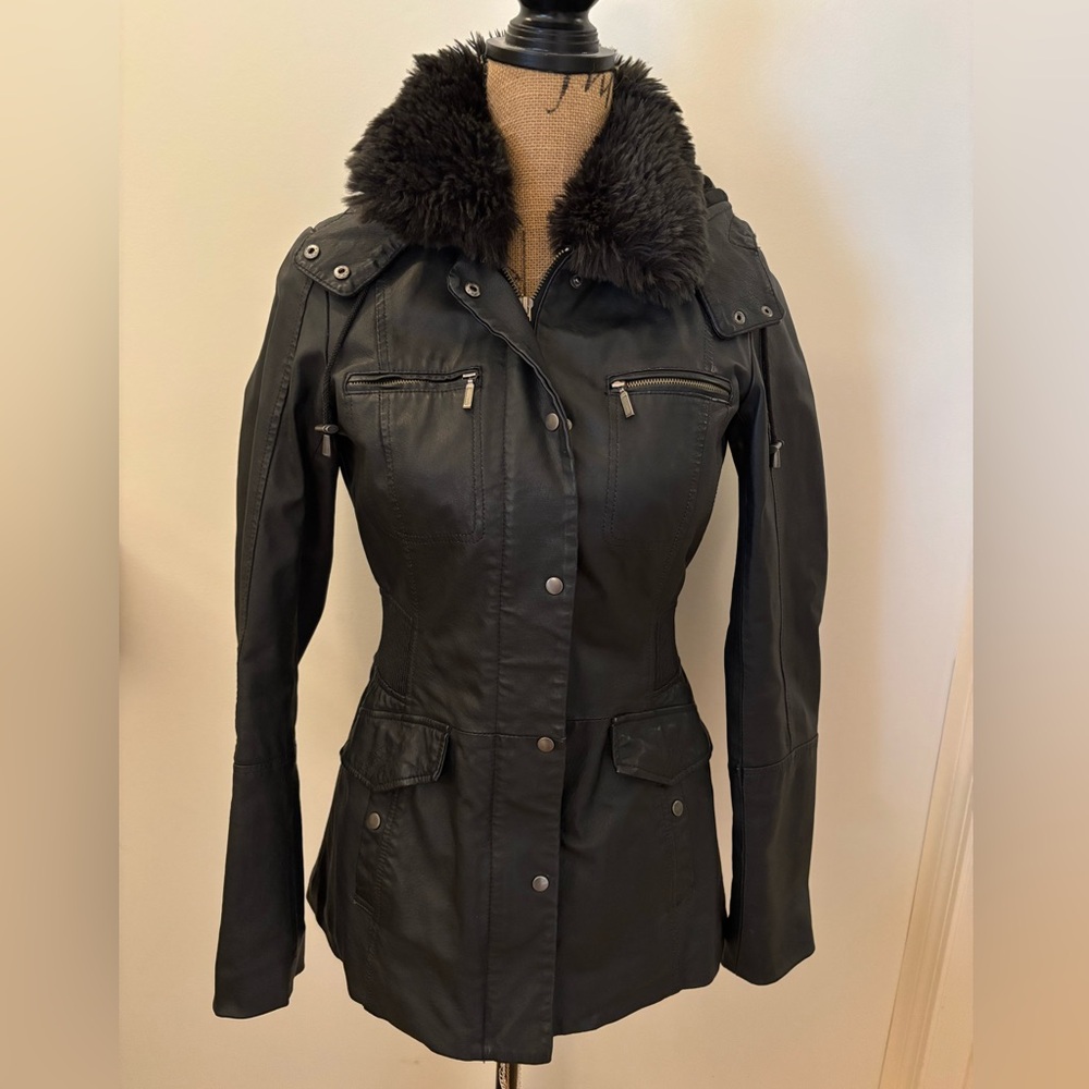 Danier Black Leather Utility Jacket with Faux Fur Collar